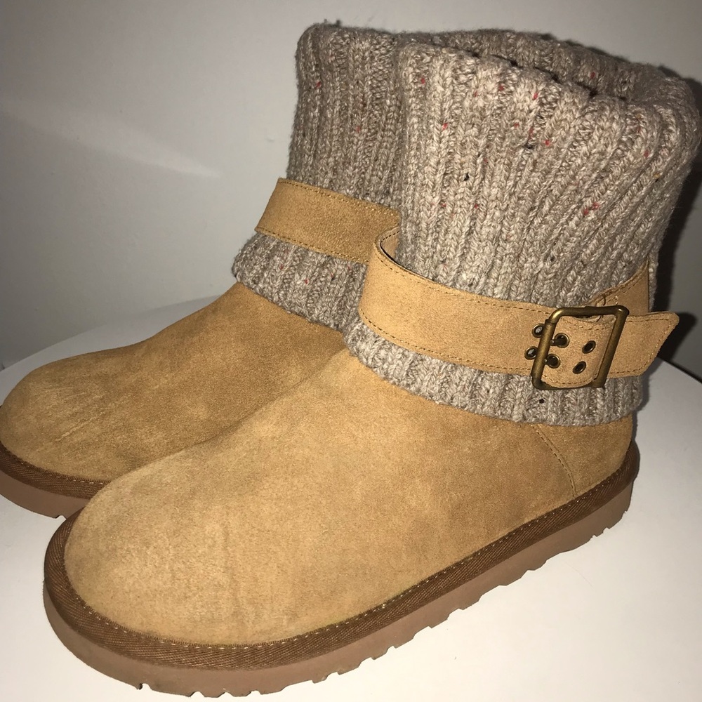 Genuine UGG ankle boot with knit cuff.